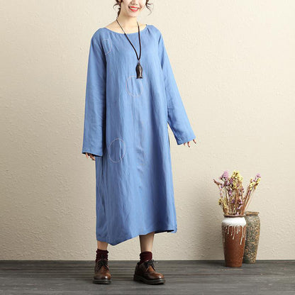 French Cotton Dresses Fitted Round Neck Long Sleeve Cotton Linen Blue Dress