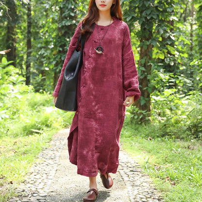 French Cotton Linen Quilting Clothes Fine Autumn Long Sleeve Dyeing Red Dress for