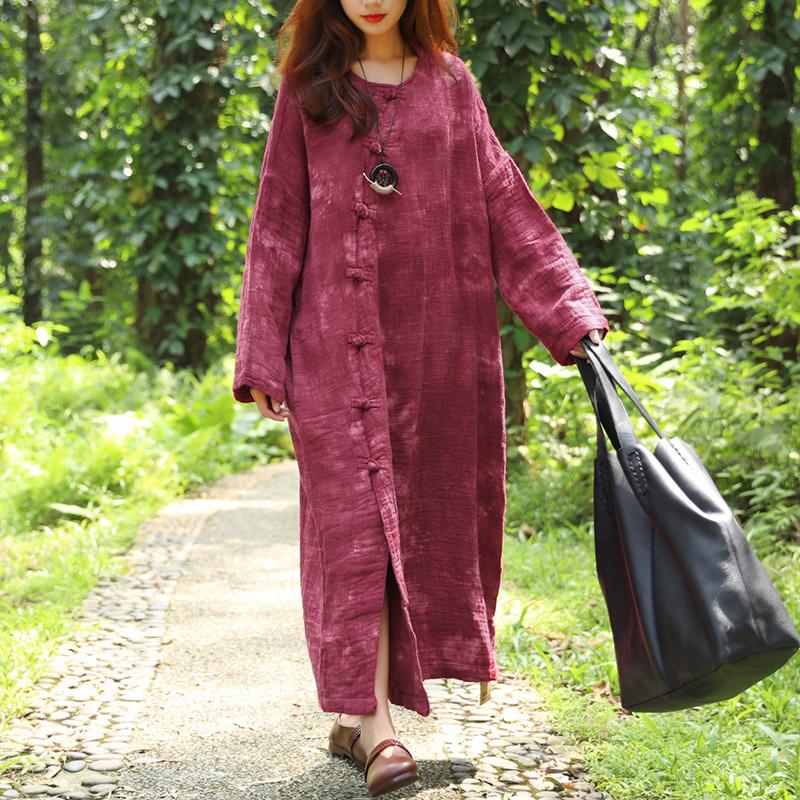 French Cotton Linen Quilting Clothes Fine Autumn Long Sleeve Dyeing Red Dress for