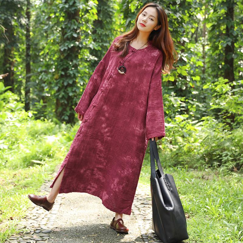 French Cotton Linen Quilting Clothes Fine Autumn Long Sleeve Dyeing Red Dress for
