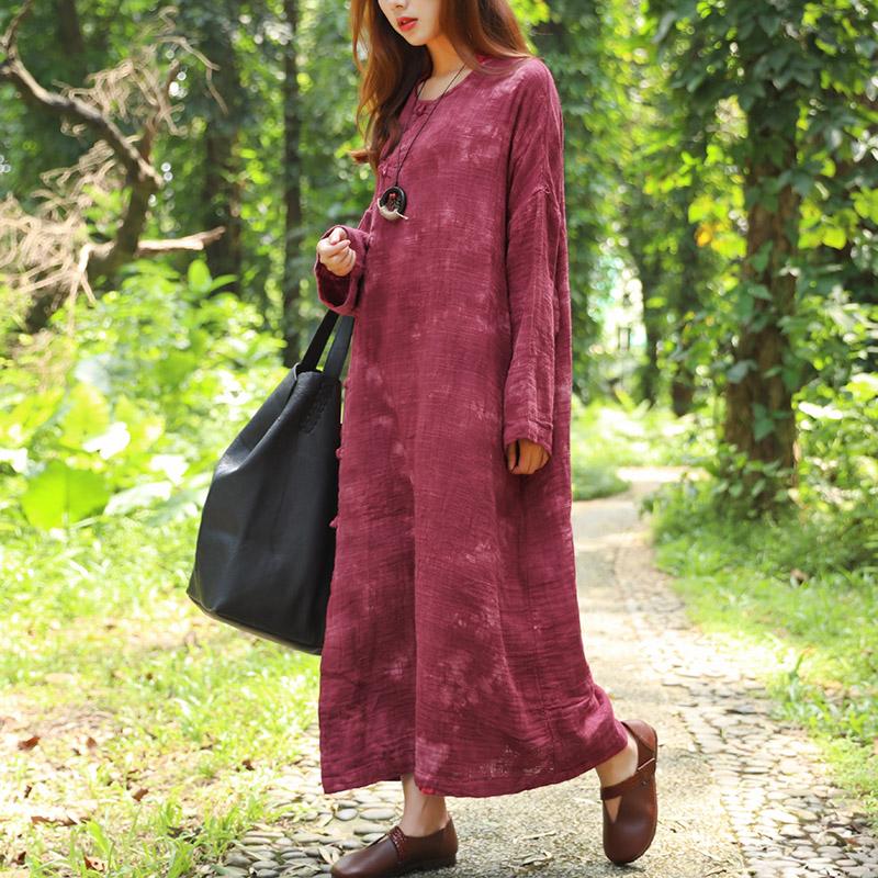 French Cotton Linen Quilting Clothes Fine Autumn Long Sleeve Dyeing Red Dress for