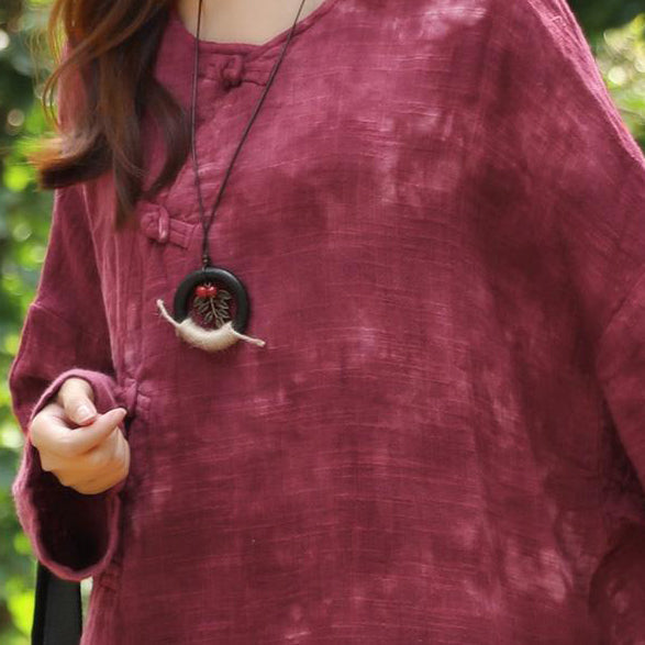 French Cotton Linen Quilting Clothes Fine Autumn Long Sleeve Dyeing Red Dress for