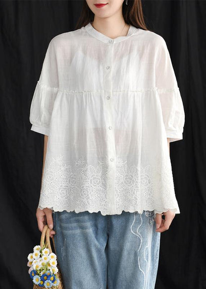 French Cotton Whhite Shirts Boutique Summer Loose Embroidery Shirt