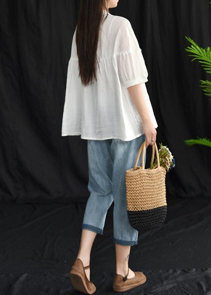 French Cotton Whhite Shirts Boutique Summer Loose Embroidery Shirt