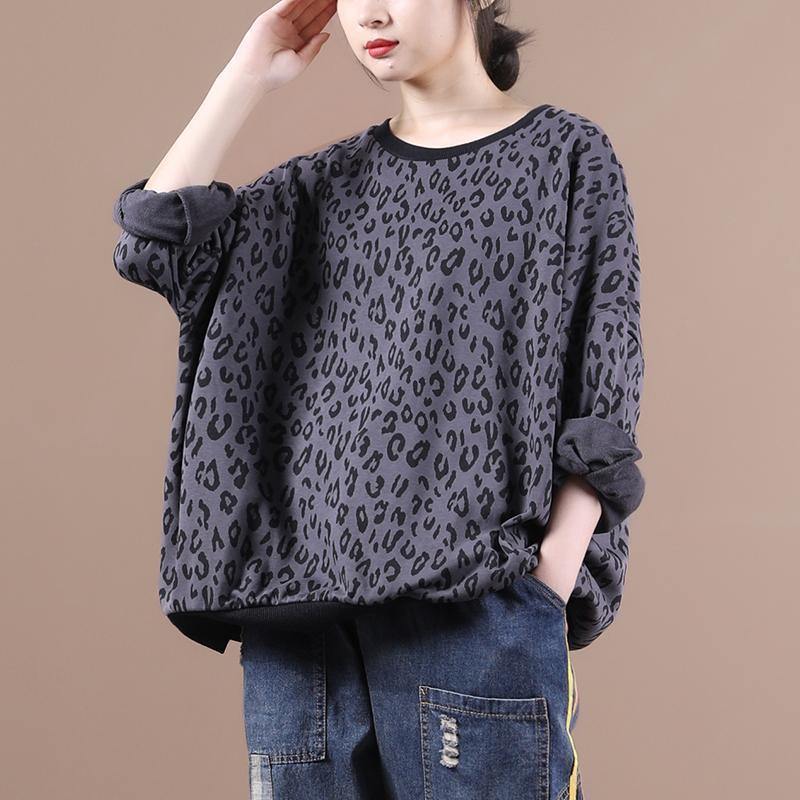 French Dark Gray Leopard Tops Blouses O Neck Loose Blouses