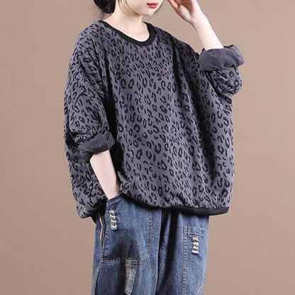 French dark gray Leopard tops women blouses o neck loose blouses
