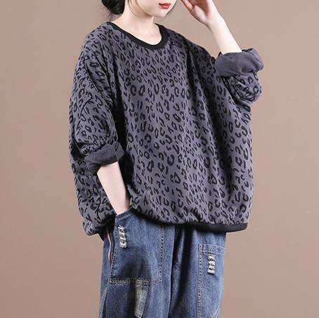 French Dark Gray Leopard Tops Blouses O Neck Loose Blouses