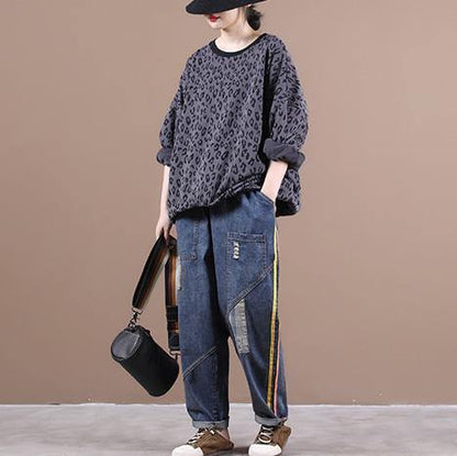 French dark gray Leopard tops women blouses o neck loose blouses
