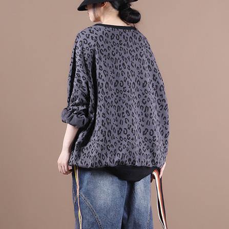French Dark Gray Leopard Tops Blouses O Neck Loose Blouses