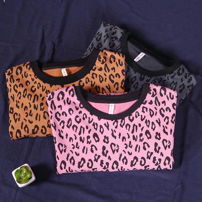 French Dark Gray Leopard Tops Blouses O Neck Loose Blouses
