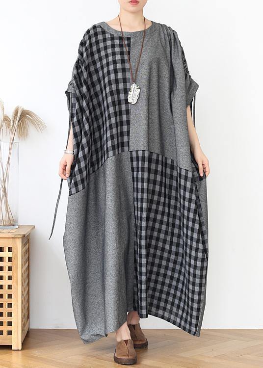 French Dark Gray Plaid Clothes for O Neck Patchwork Long Fall Dress