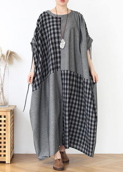 French Dark Gray Plaid Clothes for O Neck Patchwork Long Fall Dress