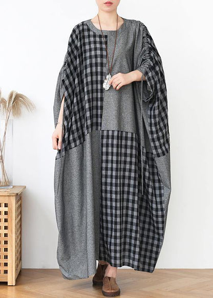 French Dark Gray Plaid Clothes for O Neck Patchwork Long Fall Dress