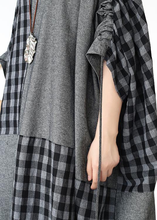 French Dark Gray Plaid Clothes for O Neck Patchwork Long Fall Dress