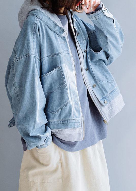 French Denim Blue Coats Work Hooded Fall Short Coat