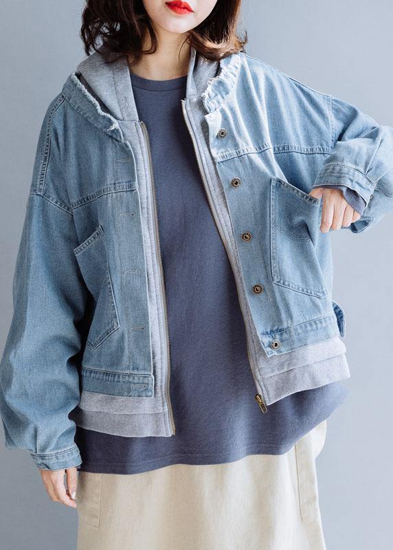 French Denim Blue Coats Work Hooded Fall Short Coat