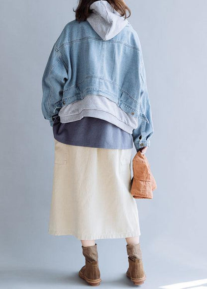 French Denim Blue Coats Work Hooded Fall Short Coat
