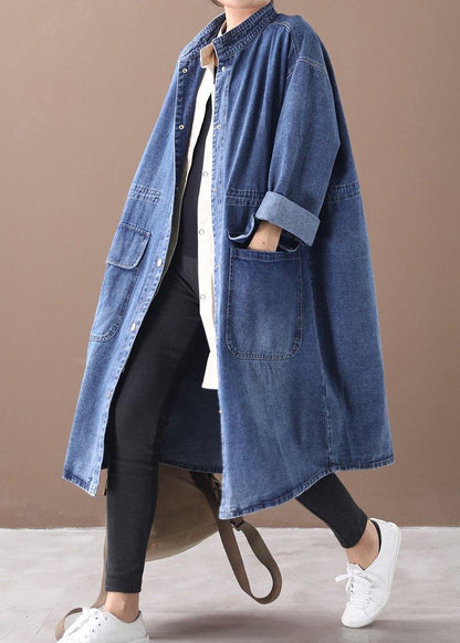 French Denim Blue-sunflower Box Coat Shape Stand Collar Drawstring Coat