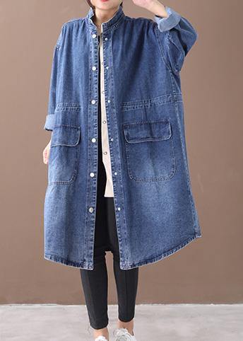 French Denim Blue-snowflake Box Coat Shape Stand Collar Drawstring Coat