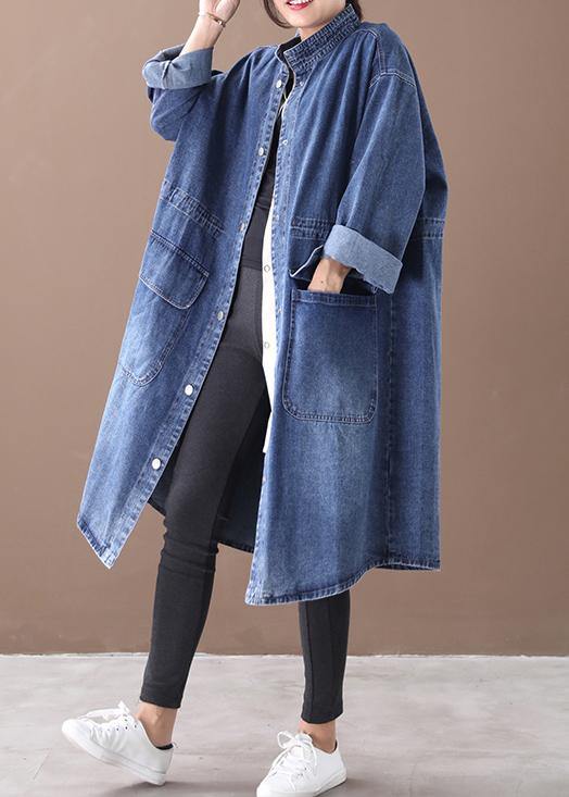 French Denim Blue-lace Box Coat Shape Stand Collar Drawstring Coat