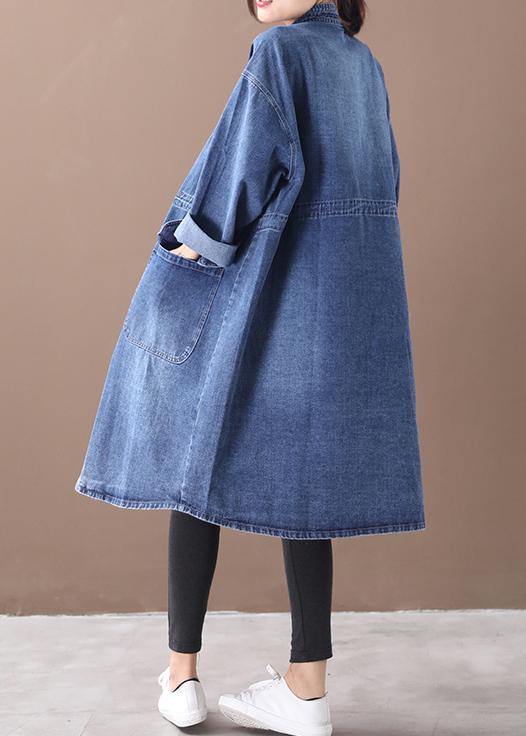 French Denim Blue-sunflower Box Coat Shape Stand Collar Drawstring Coat
