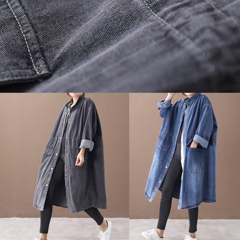 French Denim Blue-sunflower Box Coat Shape Stand Collar Drawstring Coat