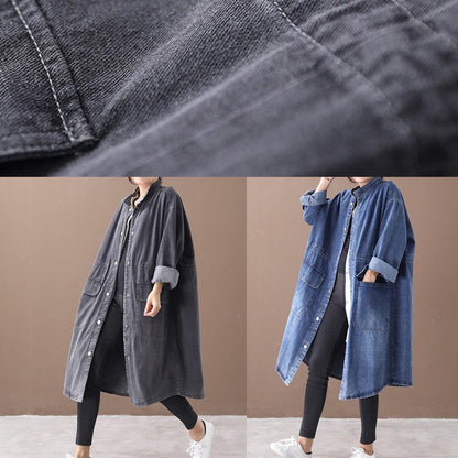 French Denim Blue-love Box Coat Shape Stand Collar Drawstring Coat
