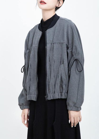 French Elastic Hem Fine Zippered Short Coats Gray Prints Short Outwear