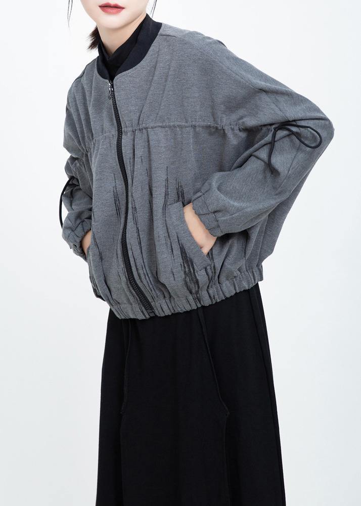 French Elastic Hem Fine Zippered Short Coats Gray Prints Short Outwear