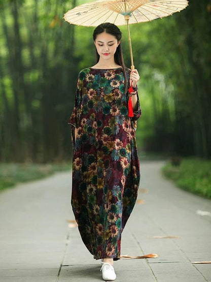 French Cotton Long Shirts Slash Neck Batwing Sleeve Maxi Dress