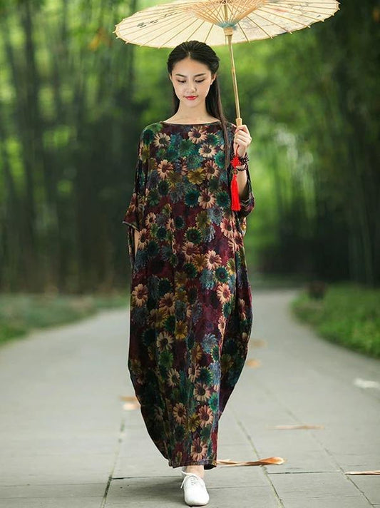 French Cotton Long Shirts Slash Neck Batwing Sleeve Maxi Dress