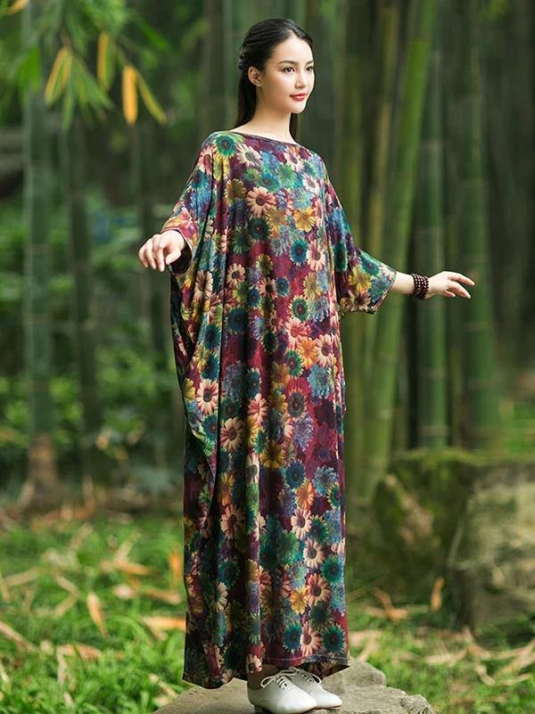 French Cotton Long Shirts Slash Neck Batwing Sleeve Maxi Dress