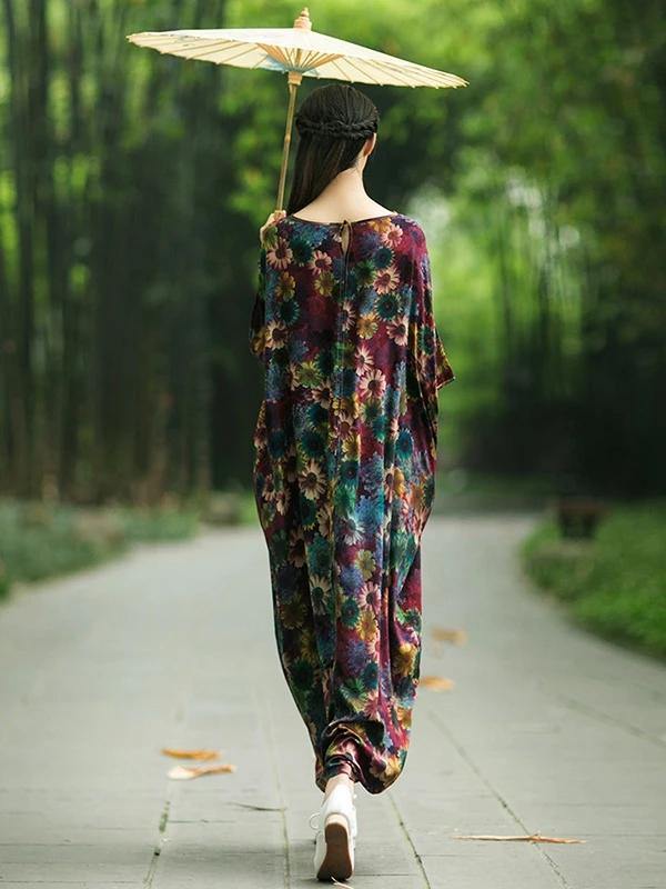 French Cotton Long Shirts Slash Neck Batwing Sleeve Maxi Dress