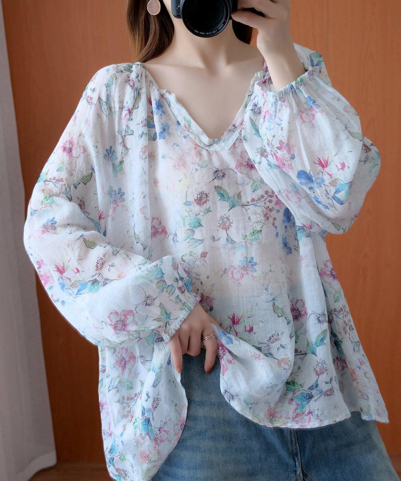French Shirts V Neck Baggy Midi Blouse