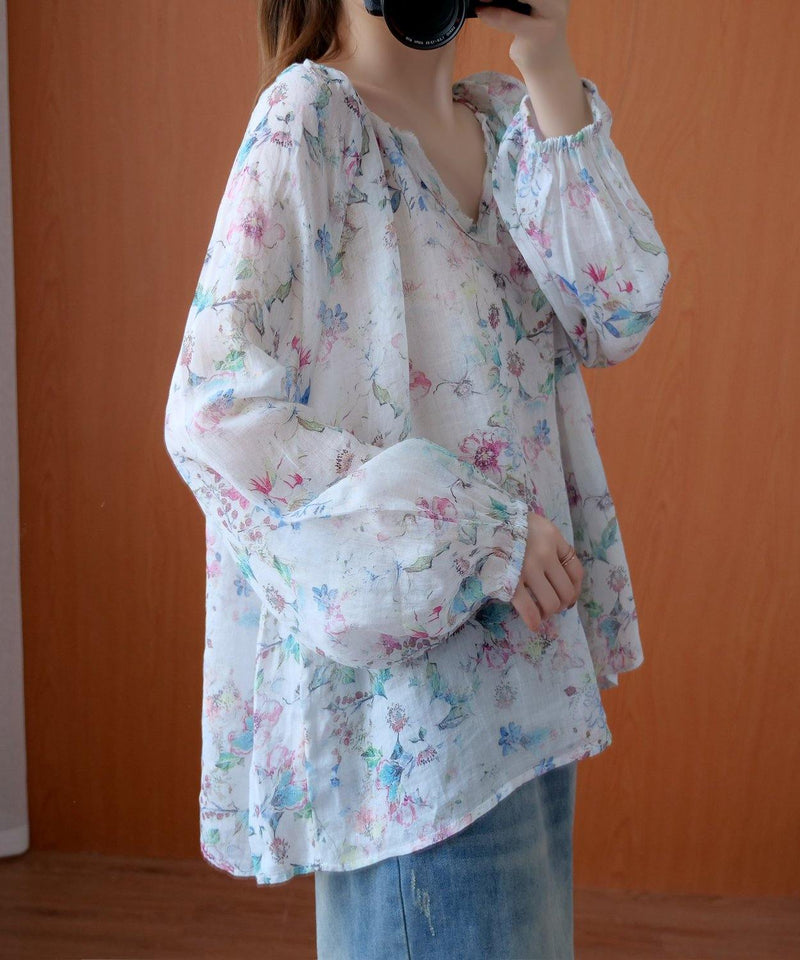 French Shirts V Neck Baggy Midi Blouse