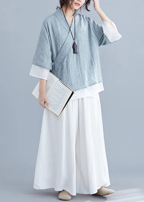 French Gray Cotton Tunic Pattern V Neck Half Sleeve Summer Shirts