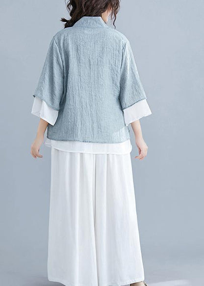 French Gray Cotton Tunic Pattern V Neck Half Sleeve Summer Shirts
