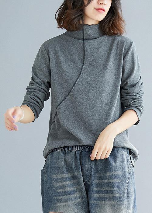 French gray cotton tops women blouses high neck Art top
