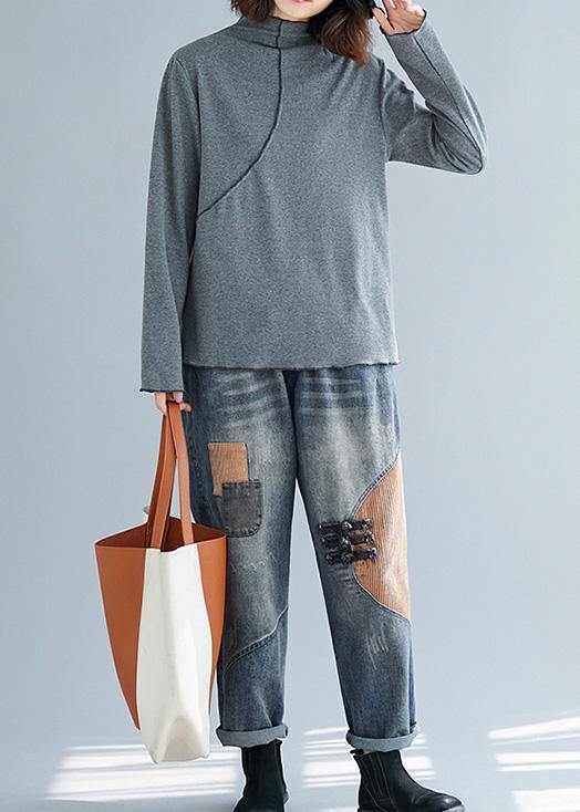 French Gray Cotton Tops Blouses High Neck Art Top