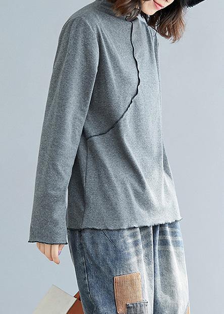French Gray Cotton Tops Blouses High Neck Art Top