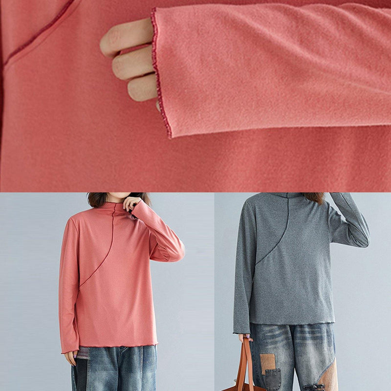 French Gray Cotton Tops Blouses High Neck Art Top