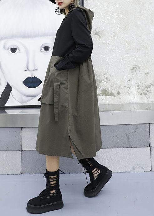 French Gray Green Patchwork Cotton Wardrobes Hooded Fall Dresses