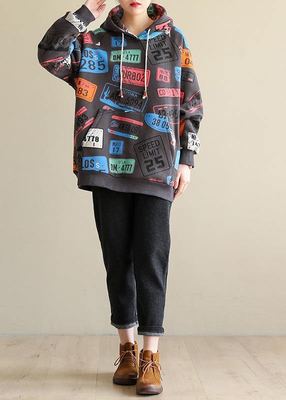French Gray Prints Cotton Shirts Hooded Tunic Spring Blouses