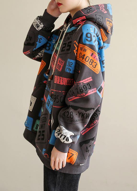 French Gray Prints Cotton Shirts Hooded Tunic Spring Blouses