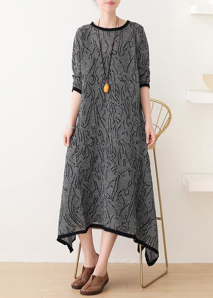 French Gray Striped Quilting Clothes O Neck Asymmetric Clothing Dress