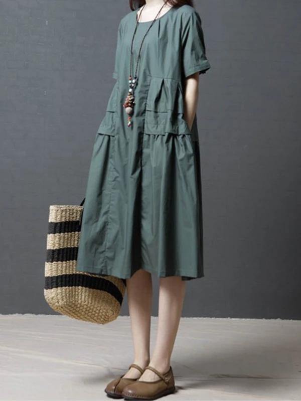 French Green Cotton Tunics O Neck Pockets Dresses
