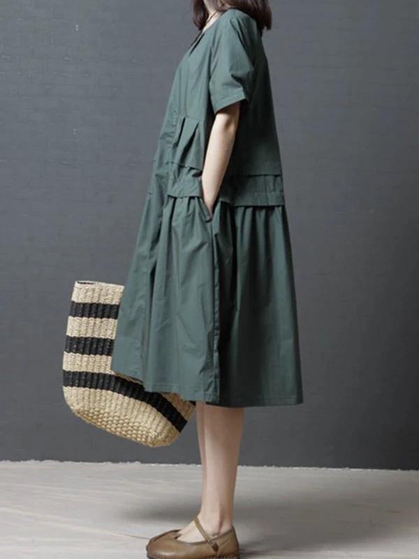 French Green Cotton Tunics O Neck Pockets Dresses