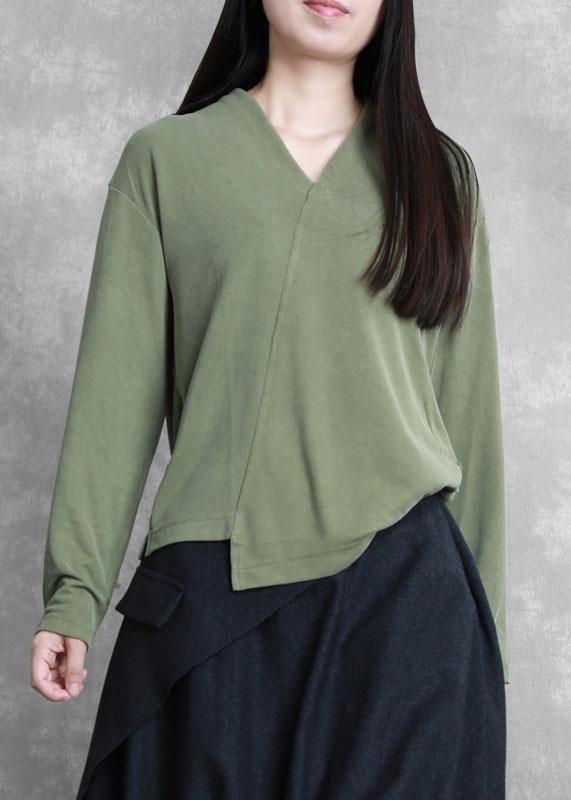 French Green Tunic V Neck Asymmetric Short Blouses