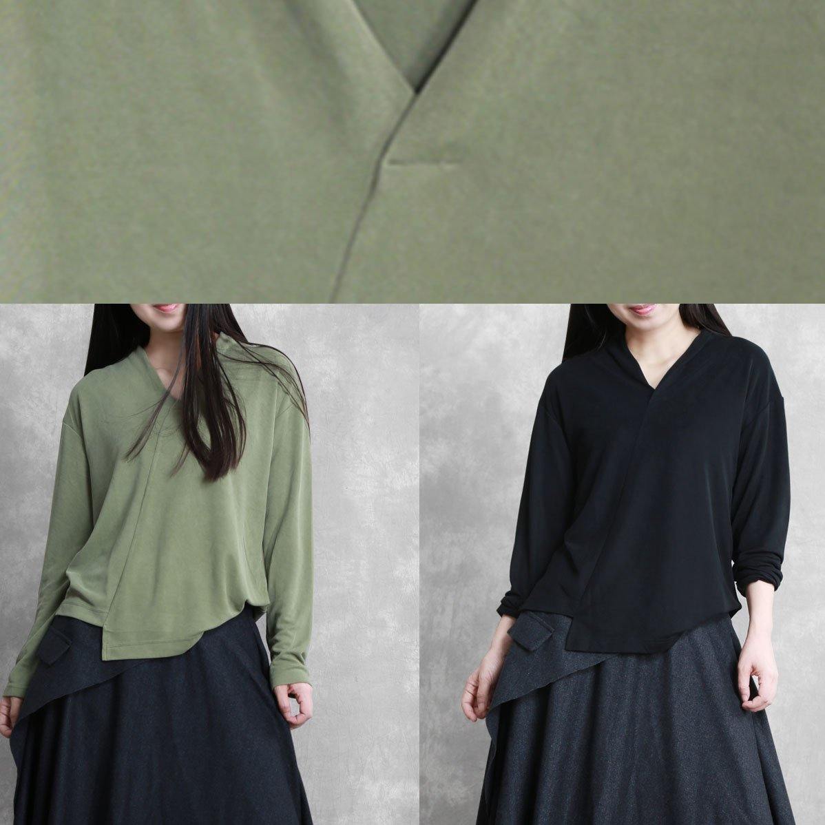 French green Tunic v neck asymmetric short blouses