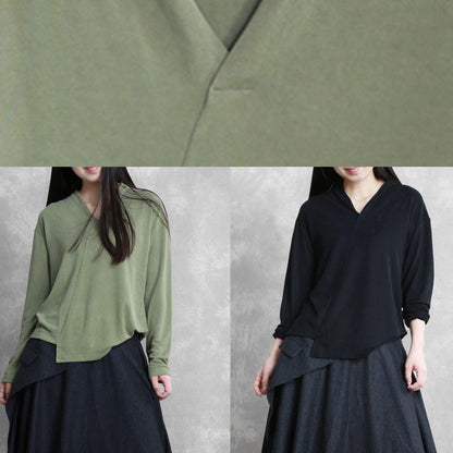 French green Tunic v neck asymmetric short blouses